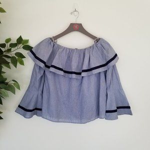 Doe & Rae Blue Babydoll Bell Sleeve Ruffle Crop To